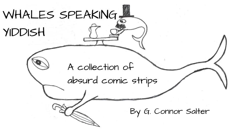 A small whale with a top hat and mustache drinks tea from a table placed on a larger whale, who's carrying an umbrella. Cover image created specifically for the webcomic "Whales Speaking Yiddish."