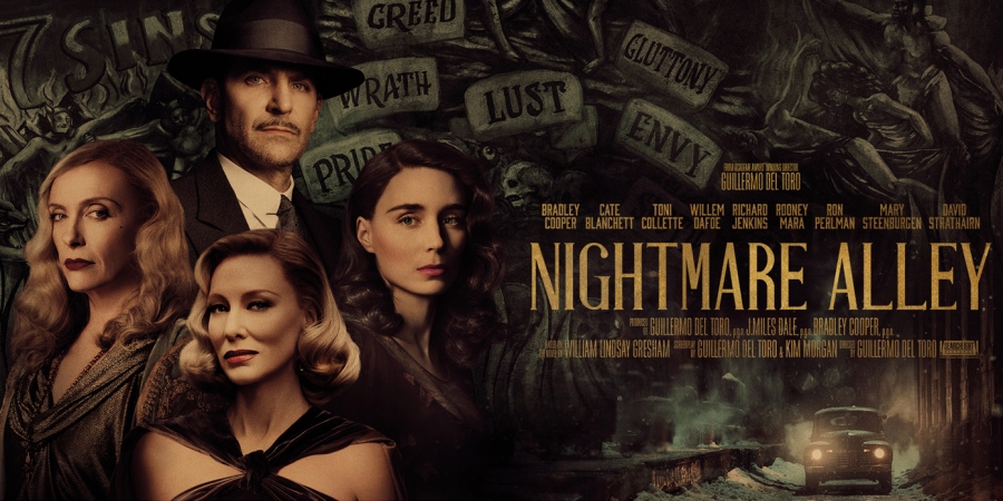 Movie poster for 2021 film Nightmare Alley. Source: https://sobrosnetwork.com/2021/12/14/vse-nightmare-alley/